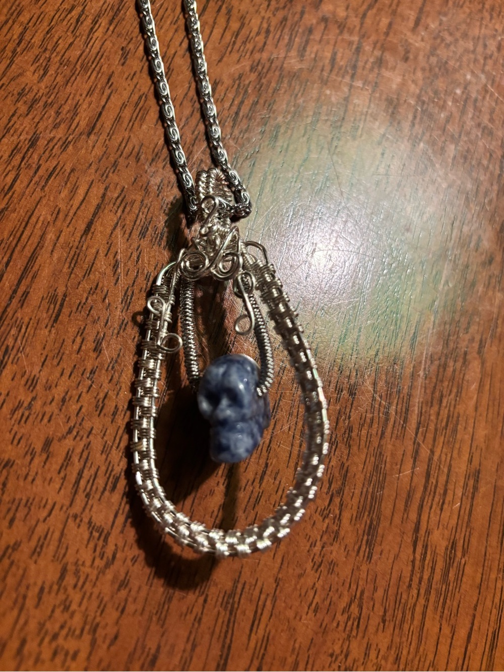 Silver Teardrop Necklace with Blue Stone Skull Pendant